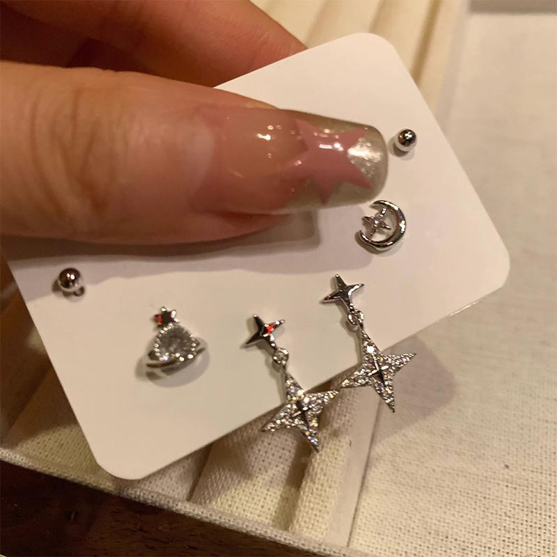 

6 шт./компл., серьги-гвоздики с блестящей планетой для женщин, готические серьги с крестом, звездой и Луной, серьги в стиле панк, милые крутые вечерние эстетические украшения