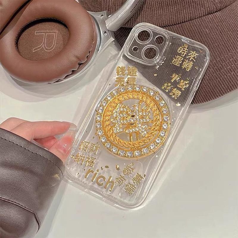 For Apple 17promax Rotating Money Phone Case for IPhone 16 Plus Fortune Gold Foil 14 Transparent Dropping Adhesive 15