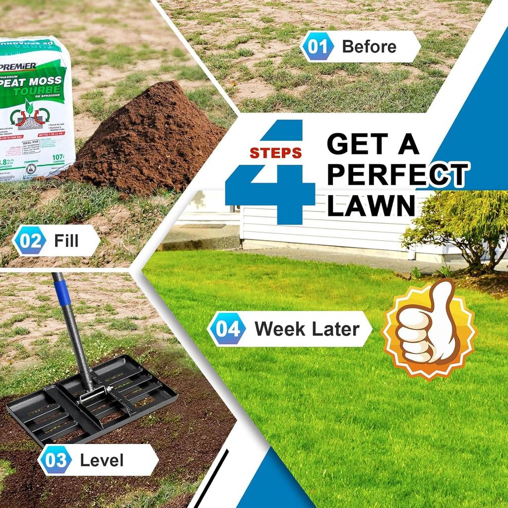 Lawn Leveling Rake, 43 X 25 Cm Levelawn Tool with Effort Saving Curved Edge, 6 FT Metal Lawn Leveler Heavy Duty, Move Soil Ground Surfaces Freely