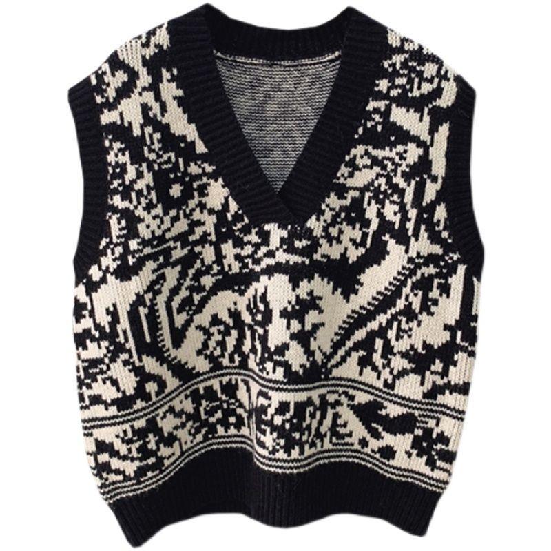 Retro Contrasting Totem Jacquard V-neck Knitted Vest Women's Black and White Patchwork Knitted Pullover Loose Casual Thin Sweater Autumn