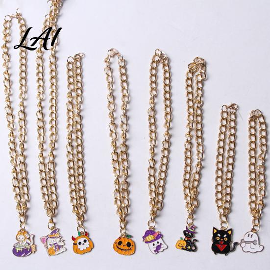 Halloween Themed Pet Accessories Chain Collar Metal Cat Collar with Witch Ghost Strong Necklace Pendant Festive Pumpkin Skull Charm for Cats