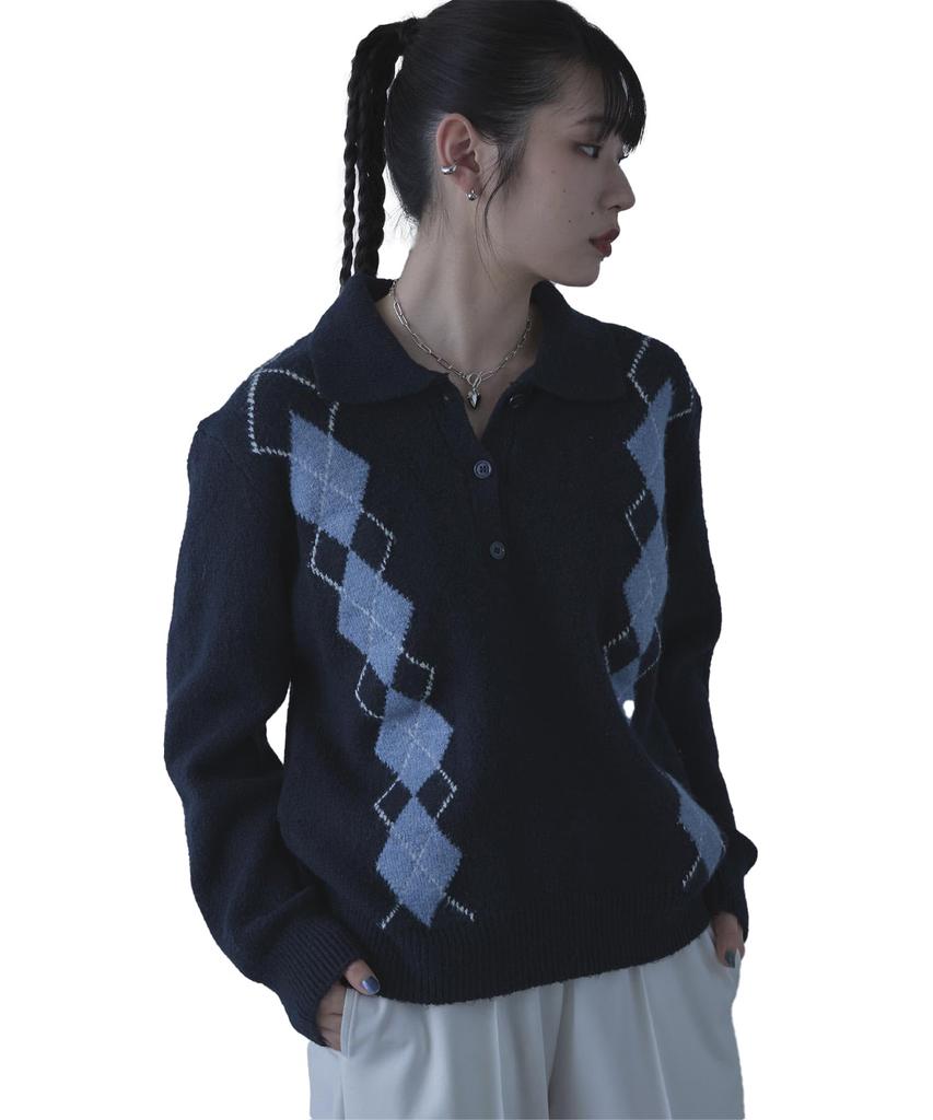 miette Collared Argyle Knit REW18109 Free Size Navy Women's