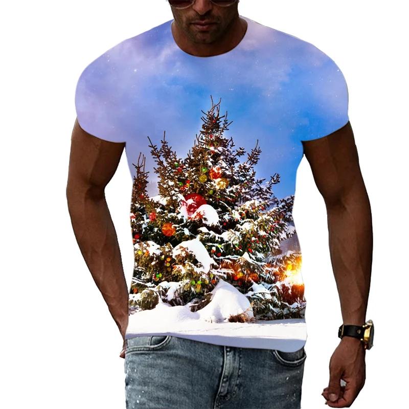 New Christmas Tree 3D Print Casual Fashion Men's Hip-Hop Fun Short-Sleeve T-Shirt Summer Stylish Trendy Round-Neck Lightweight Top