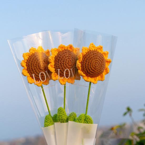 10Pcs Crochet Sunflower with Leaves Handmade Knitting Yarn Flower Decoration Home Office Table Centerpiece Mother's Day Birthday Christmas Gift