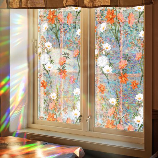 Rainbow Window Privacy Film Waterproof Static Cling Non-Adhesive Flower Pattern Sticker for Home Glass Windows Bedroom Living Room Decor