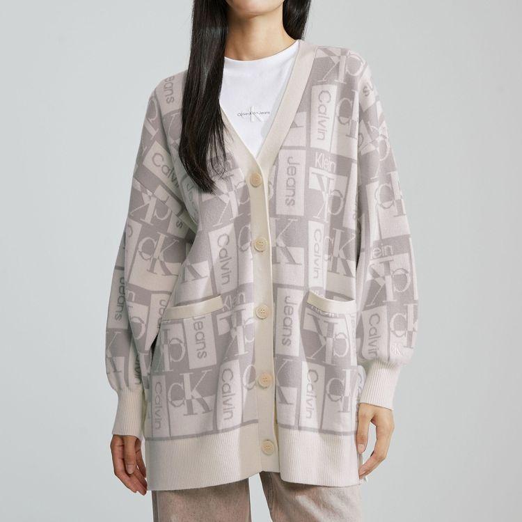 Calvin Klein Minimalist Letter Jacquard Button V-Neck Knit Sweater Women sweater Light-Gray J222311PEE