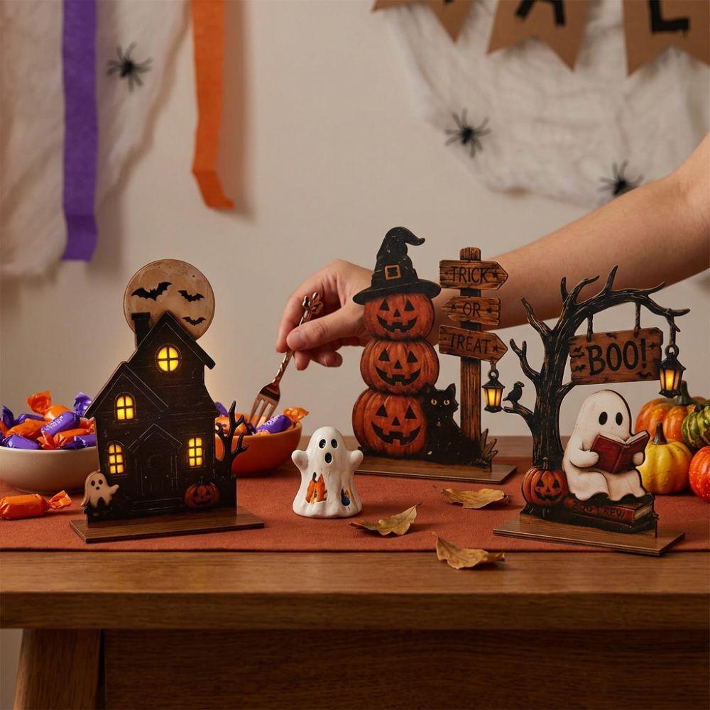 Vintage Halloween Wooden Tabletop Sign Trick or Treat Haunted House Statue  Shelf Decor