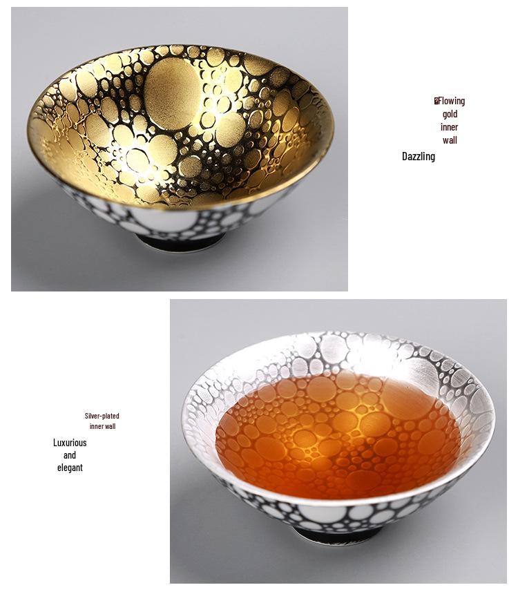 Handmade 999 Sterling Silver Gilded Jianzhan Tea Cup with Inlaid Blue and White Mushroom Cap Design for Kung Fu Tea Set.