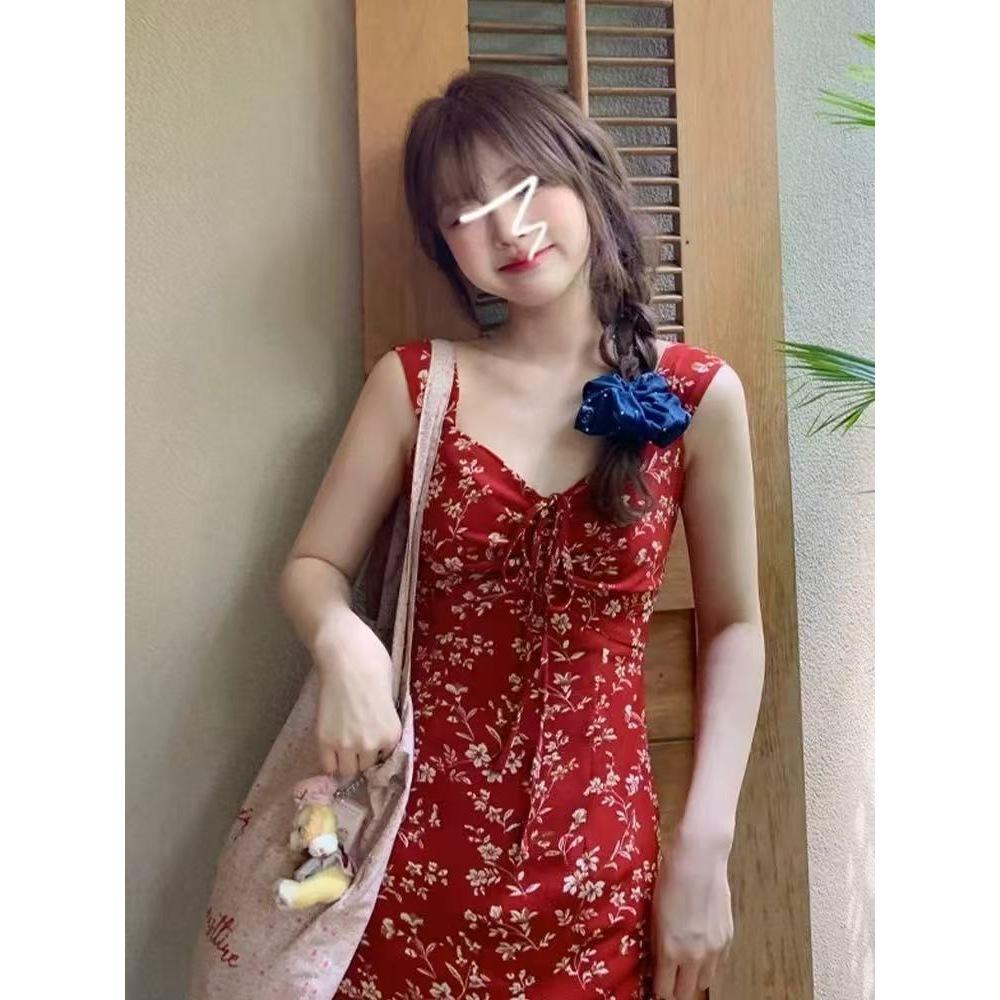 Coffee Break French Red Floral Suspender Dress Children's Summer New Seaside Vacation Beach Dress