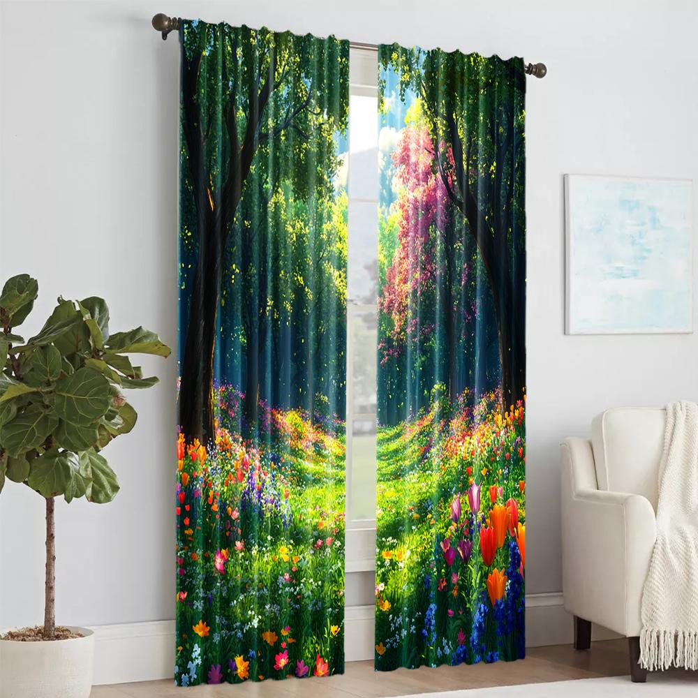 2 pcs, versatile polyester transparent curtains for home decoration Spring Flower for use in bedrooms and living rooms