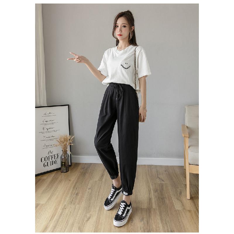 2026 Women's Thin Cotton-Linen Pants, High-Waisted, Loose-Fit, Cuffed, Nine-Quarter Length, Casual Harem Pants