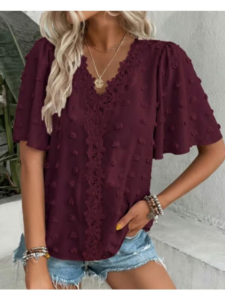 Women's Short Sleeve Round Neck Lace Applique Blouse Solid Beige Casual Top