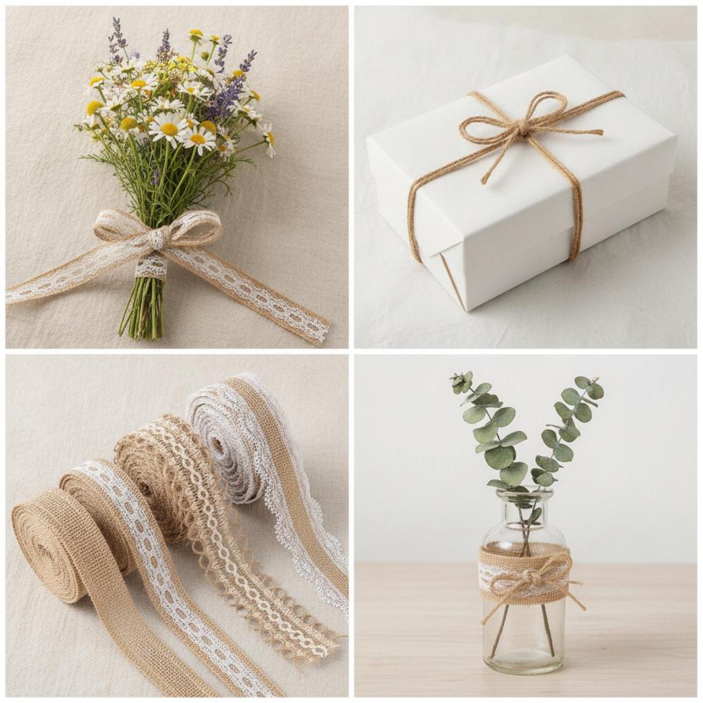 4 Rolls Jute Lace Ribbon with Twine Textured Burlap Trim Environmentally