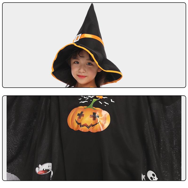 Dětský kostým čarodějnice: Halloweenská sada pláště a čepice s motivem dýně