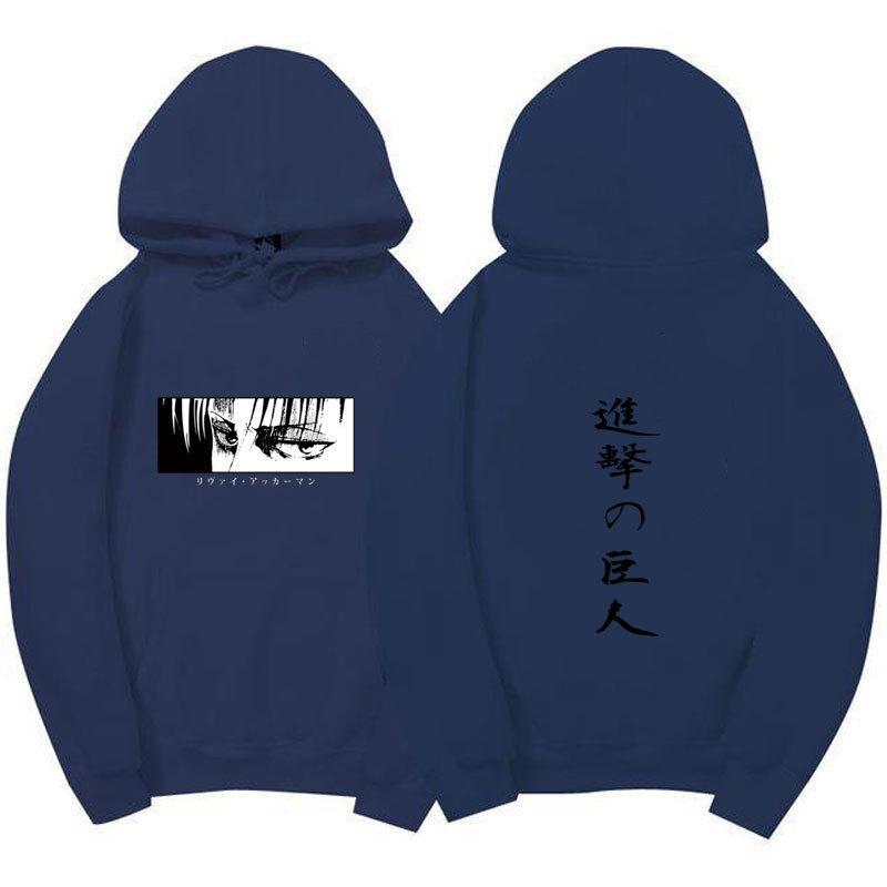 Attack On Titan Levi Ackerman Hoodie Unisex Fleece Sweatshirt Front Manga Eyes Print, Back Japanese Text, Autumn Winter Casual Pullover