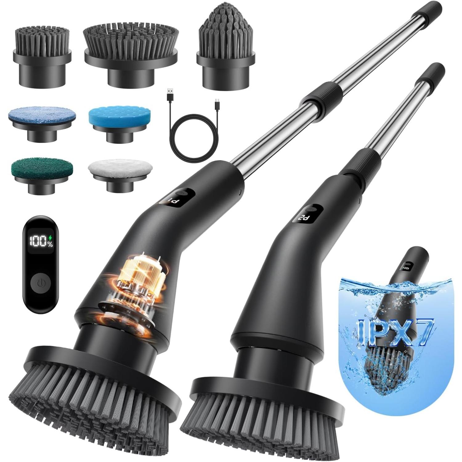 Leebein Electric Spin Scrubber, Full Body IPX7 Waterproof Electric Cleaning Brush, Cordless Bathroom Scrubber with 7 Brush Heads, Extendable Long Hand