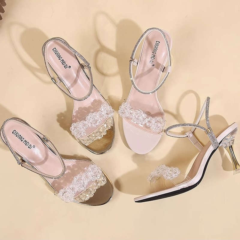 This Year's New Sandals Women's Summer Medium Heel Crystal Heel High Heel Thick Heel Summer Two Wear Rhinestones Outside Cool Slippers