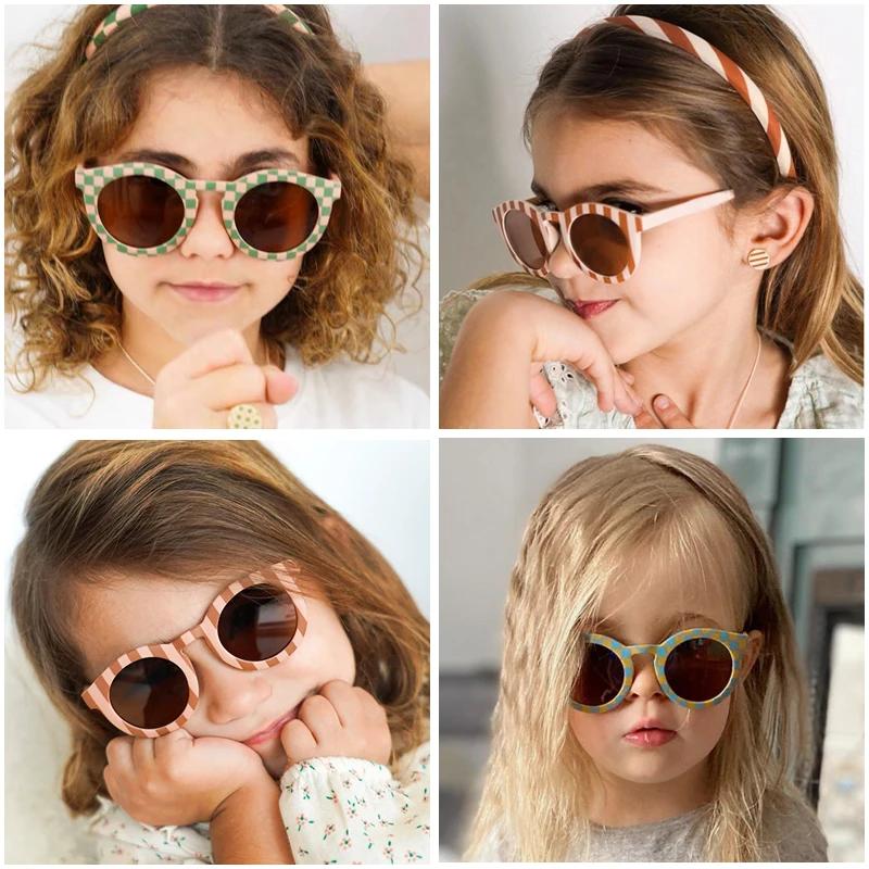 2025 New Kids Cute Checker Panel Color Round UV400 Sunglasses Baby Girls Outdoor Sun Protection Sunglasses Children Sun Glasses