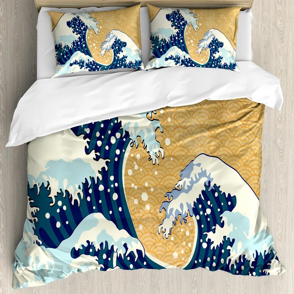 Japanese Wave Duvet Cover Set Sea Storm In Japan Traditional Drawing Foamy WavesBedding Set Full SizeEarth Yellow Dark Blue