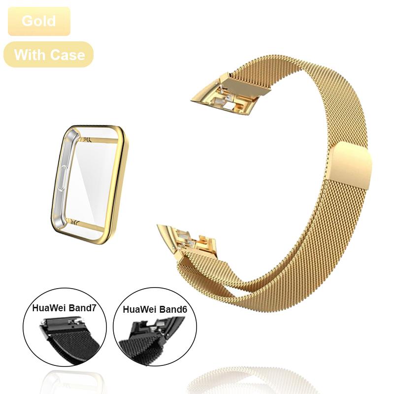 Metallklokkerem for Huawei Band 6 7 Band Honor 6 Armbånd med TPU-veske Skjermbeskytter Myk film Huawei Magnetic Loop Strap