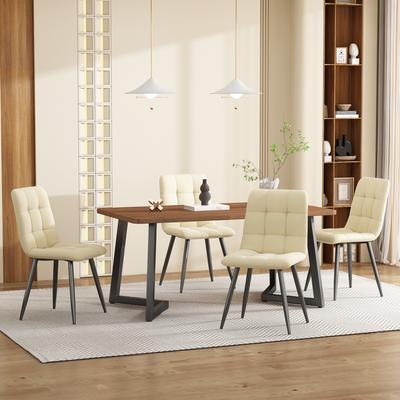 Dining Set (5-piece), Dining Table with 4 Chairs, Wood Grain Kitchen Table with Black Metal Legs, MDF Table Top Walnut Color, Beige Velvet Chairs