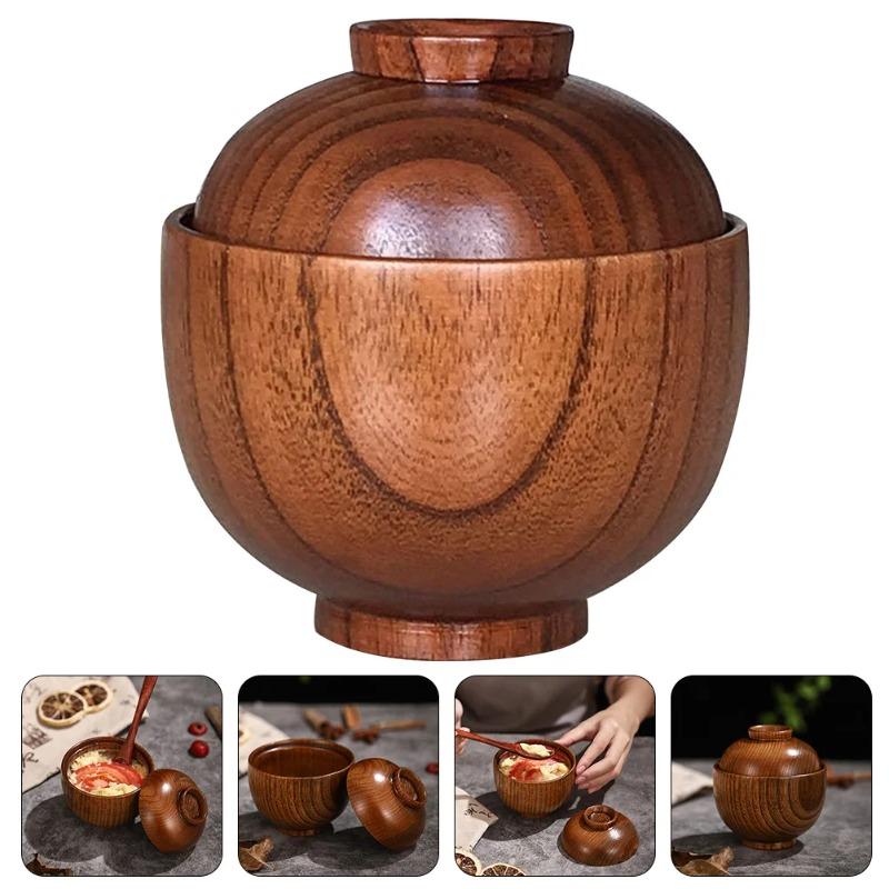 1 pièce Bol en bois avec couvercle Bol à soupe miso Sécurité enfant Anti-brûlure Bol à riz et salade Bois naturel Vaisselle de service Noix Pour