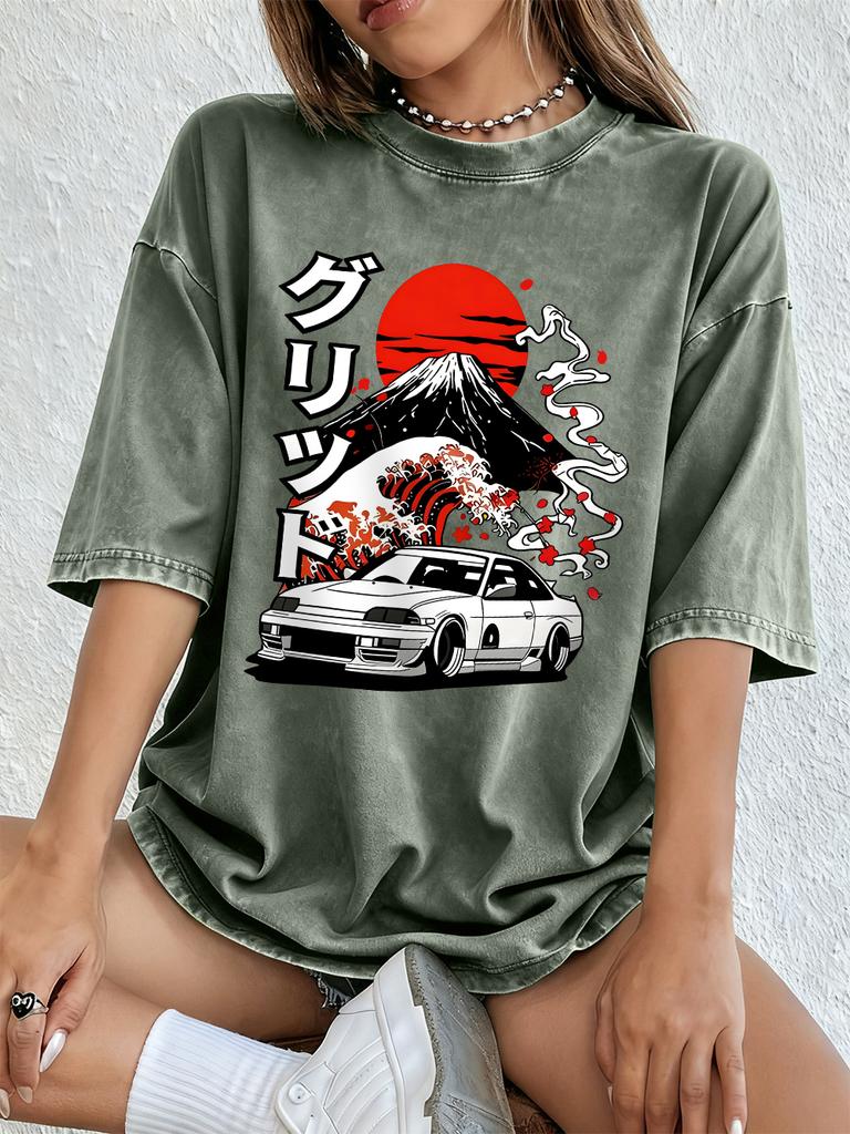 Nippon Jdm Car Grid Cotton Washed TShirts Women Summer Oversized T Shirt ONeck Comfortable Distressed Tops Basic Women Clothes