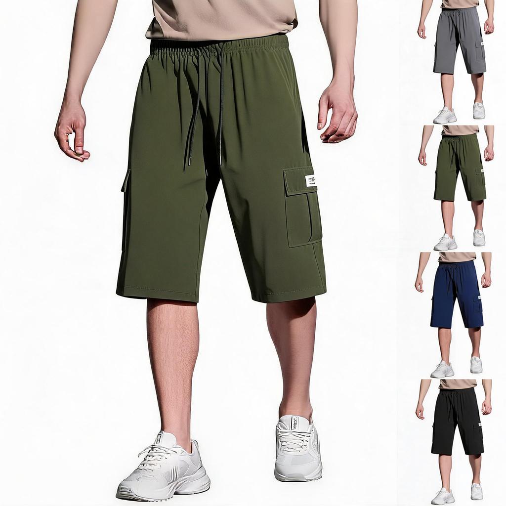 Men's Solid Color Cargo Shorts Summer Lightweight Outdoor Sports Multi Pocket Casual Workwear Shorts with Elastic Waist Drawstring