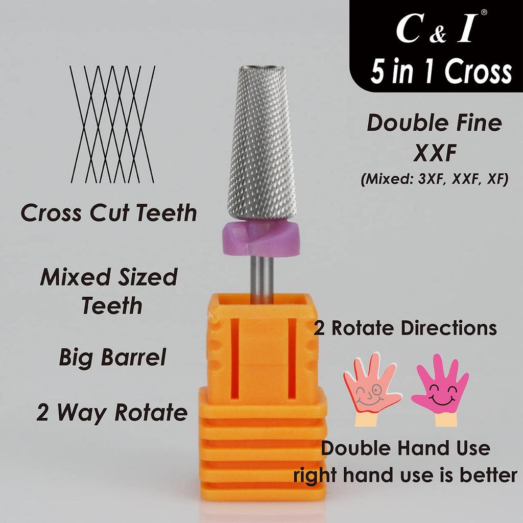 C & I 5 in 1 Multi-function Tapered Shape Nail Drill, Cross Teeth Edition, Professional Drill Bit for Nail Manicure Machine (Double Fine - XXF)