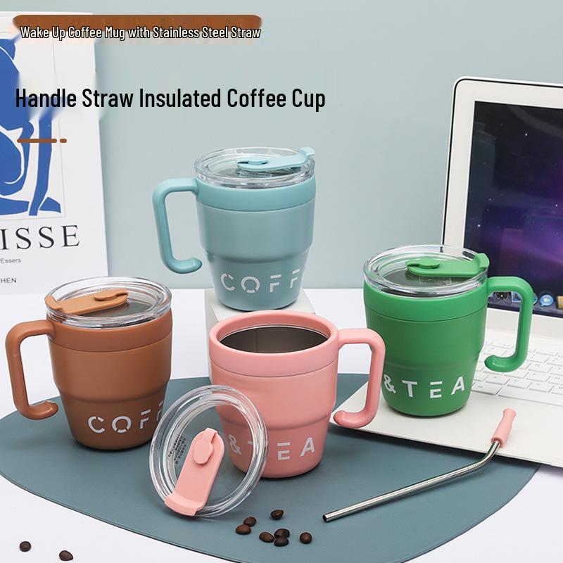 Premium Insulated Stainless Steel Straw Mug with Handle and Lid