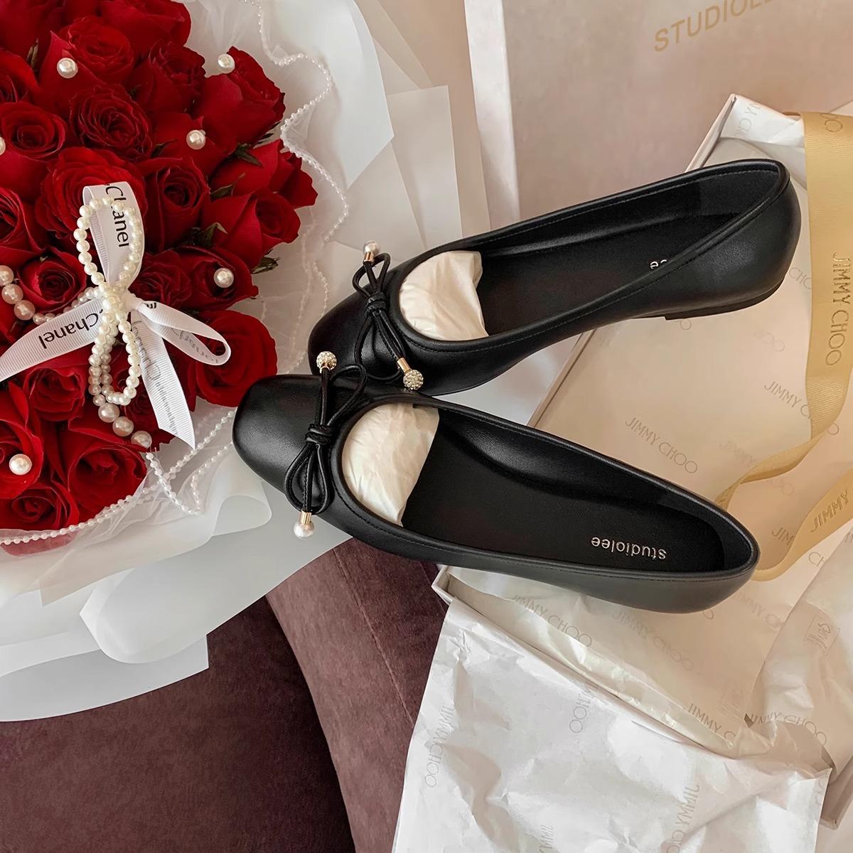 

Grape Mom Studiolee~ Classic Round Head Bow Light Mouth Soft Bottom Square Head Pearl Ballet Silver Single Shoes Women 42 чёрный