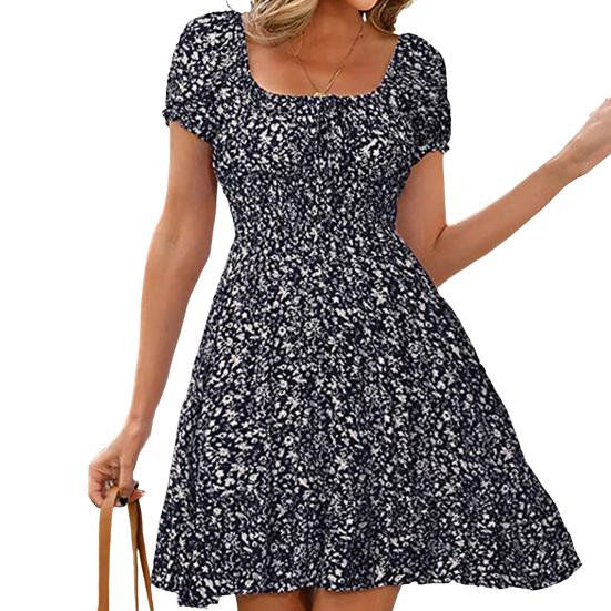 Women's Short Sleeve Summer Dress Square Neck Boho Floral Smocked Swing Dress A-Line Flowy Ruffle Beach Sundress