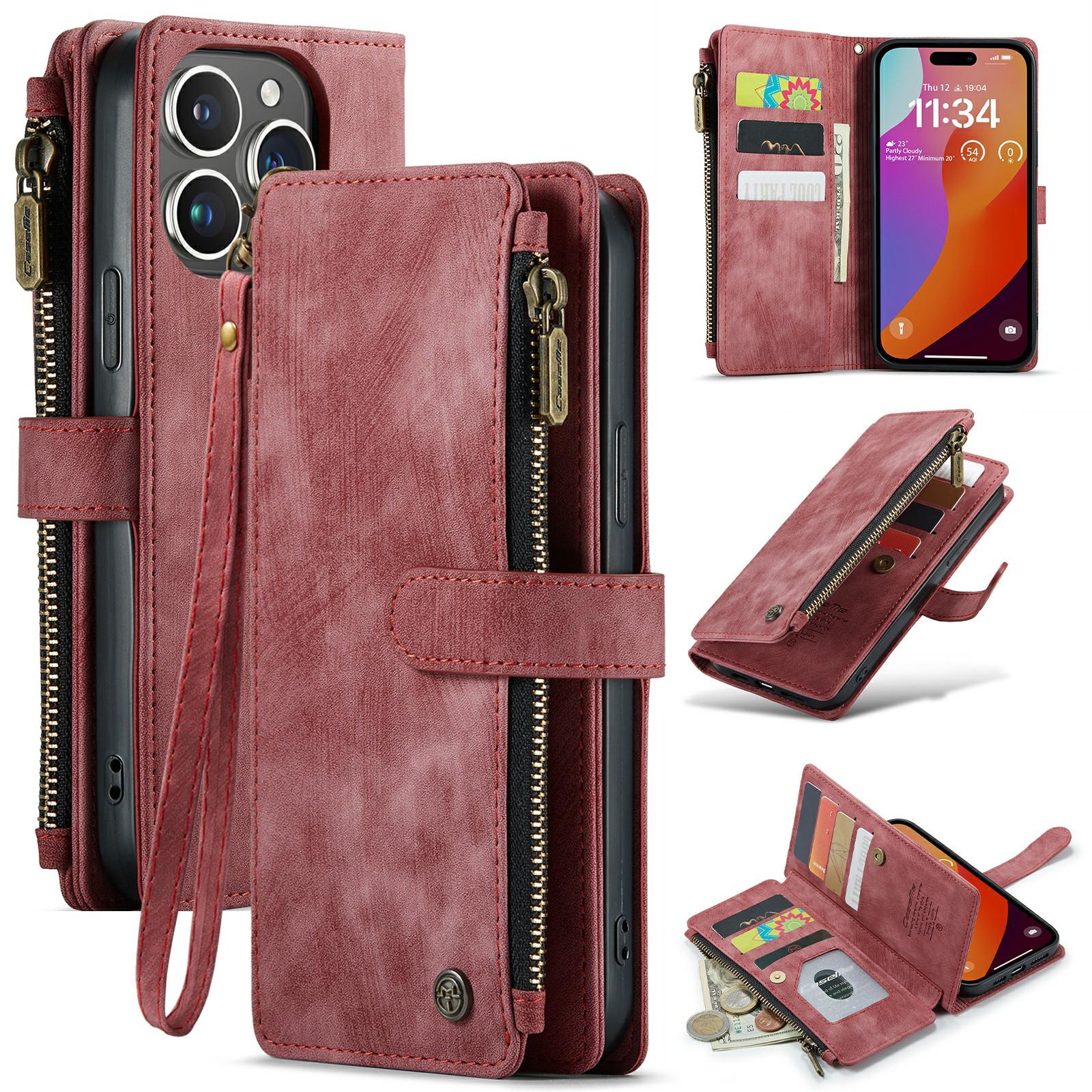 

For iPhone 16 Pro Max Phone Cases with Strap CASEME C30 Zipper Multiple Card Holder PU Leather Cover Red