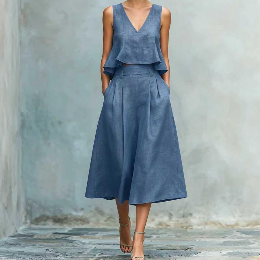 New Arrivals Summer Women's Linen Blend Two-Piece Set with Ruffles