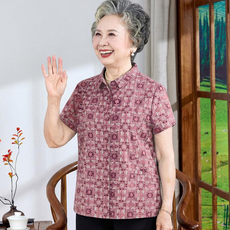 Elderly Women s Floral Cotton Short-Sleeve Shirt 2XL