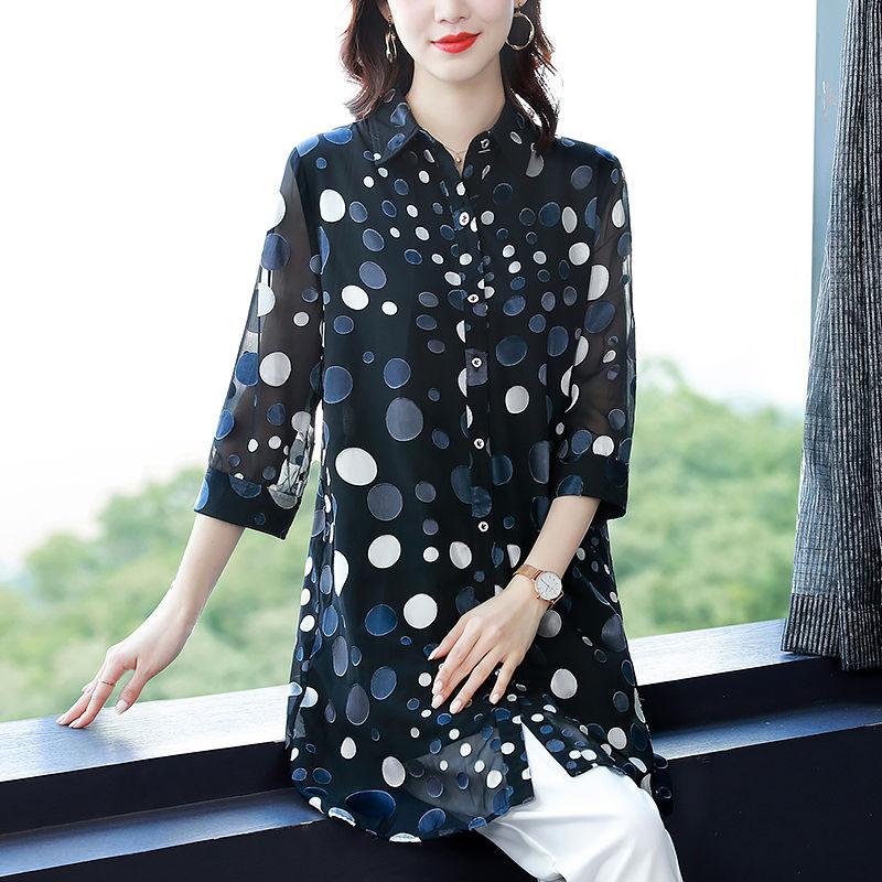 

Шифоновая рубашка женская длинная летняя свободная футболка в горошек модная свободная повседневная рубашка 5XL