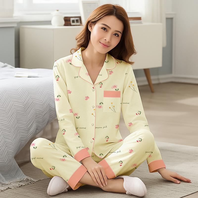 Hochwertige Pyjamas Damen Frühling und Herbst Neu Imitation Baumwolle Druck Langarm Mittlere Mutter Große Größe Dünn Loungewear