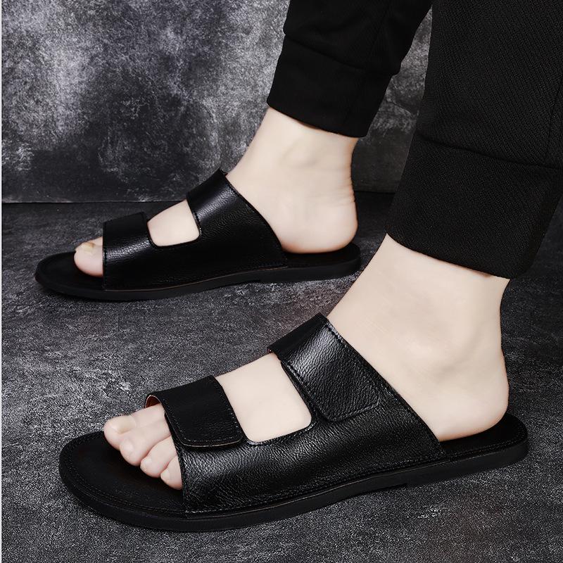 Men's Large Size High-End Leather Beach Sandals - Soft Sole Single Strap Summer Slippers (Sizes 46-47)