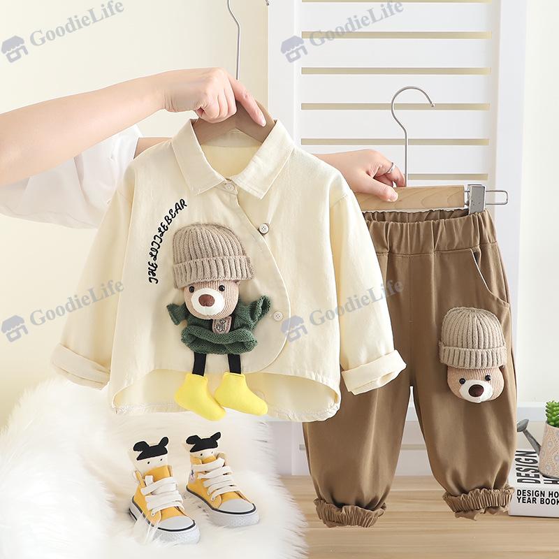 2025 Baby Bear Shirt & Pants Set – Cute Cotton Spring Outfit for Toddler Boys, Teddy Bear Print 2-Piece Clothes