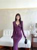 Autumn Winter New French Style Long Dress Deep V-neck LaAe Splicing Belted Waist Long Sleeve Slim Fit Dress For Women