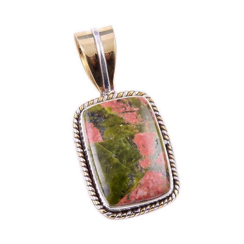 Natural Unakite Gemstone 925 Solid Sterling Silver Two Tone Pendant 1.25'' T0k70