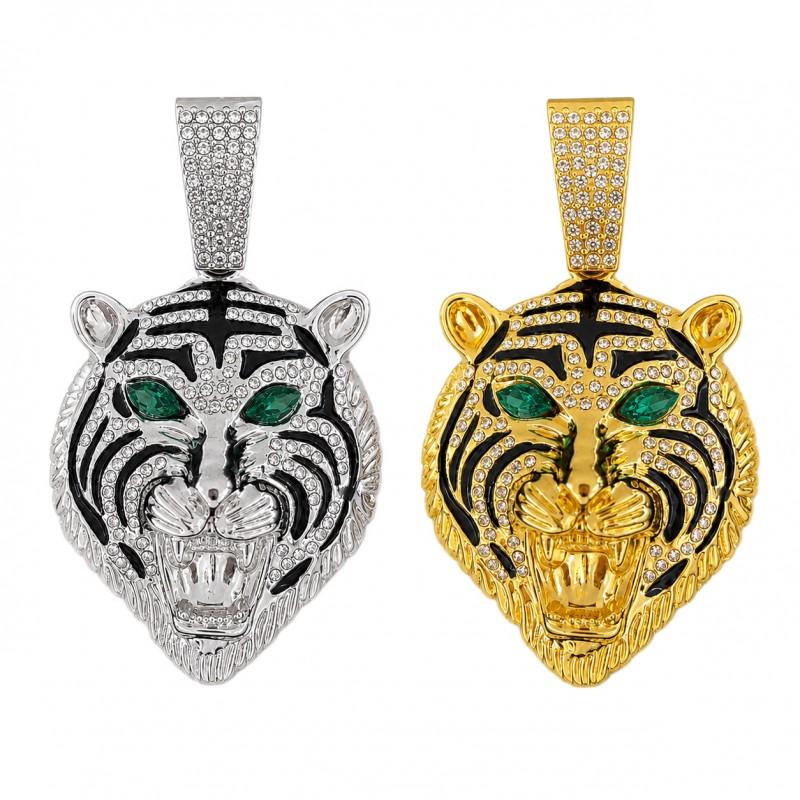 Hip Hop Style Alloy Tiger Pendant With Green Gemstone Eyes Rhinestone Accents Men