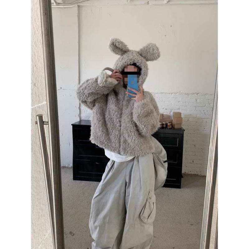 

Women s Retro Cute Rabbit Ears Plush Hooded Leather Coat - Winter, Loose, Thickened, Lazy Style Black (Regular)