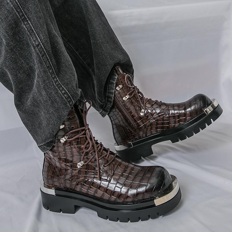 Men’s Retro Thick Sole Platform Punk Boots Elevator Street Style Big Head Motorcycle Boots High Boots Plus Size