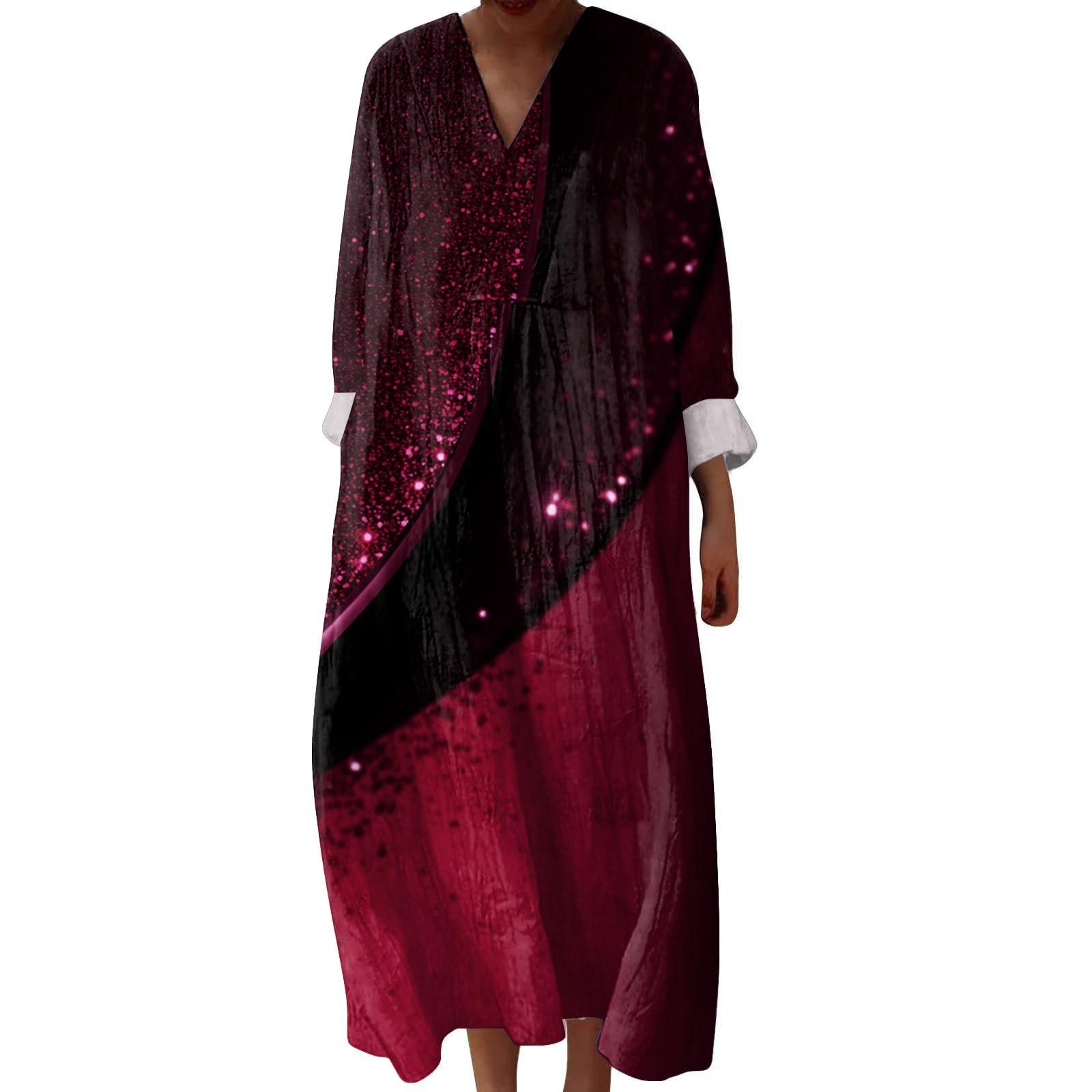 

Женское повседневное и модное платье с V-образным вырезом и принтом, с длинным рукавом XL винный