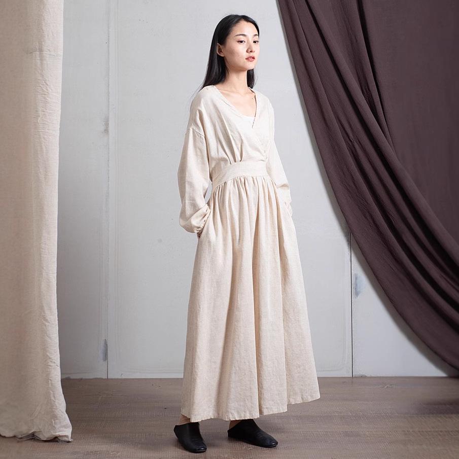 Women's Washed Bamboo Linen Chinese-Style Dress with Waist Seal, Available In 3 Colors