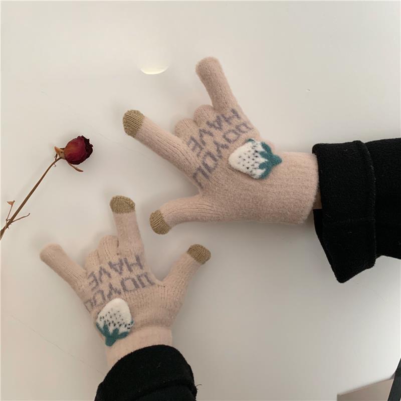 Korean Student Strawberry Gloves Thickened Writing Touch Screen Gloves Writing Bike Warmth Thickened Five Finger Gloves