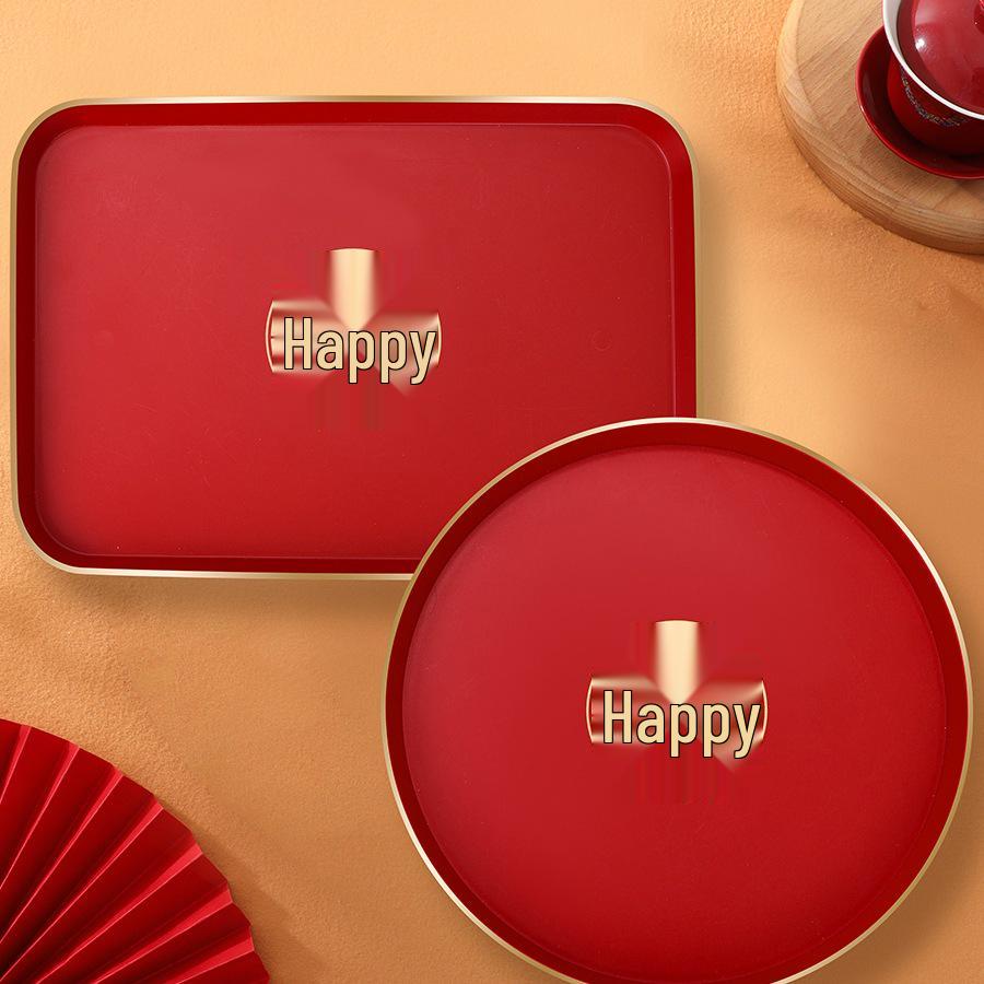 Красный свадебный поднос для чая с надписью «Смена адреса»: Праздничная тарелка со сладостями и сухофруктами Gold Round Happy Plate 1 pc