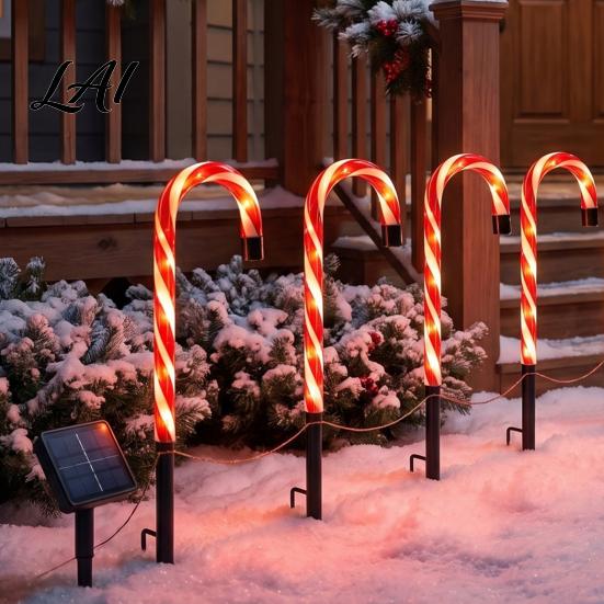 Red White Christmas Decor 4Pcs Solar Candy Cane Pathway Lights Outdoor Stake Waterproof Decorative Stakes Garden Lights for Yard Lawn Patio
