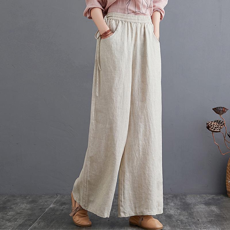 Frühlings- und Sommer-Literarische Baumwoll- und Leinenhosen Locker Große Größe Weiter Bein Hosen Hohe Taille Bodenlange Hosen Gerade Hosen Leinen Damen Hosen